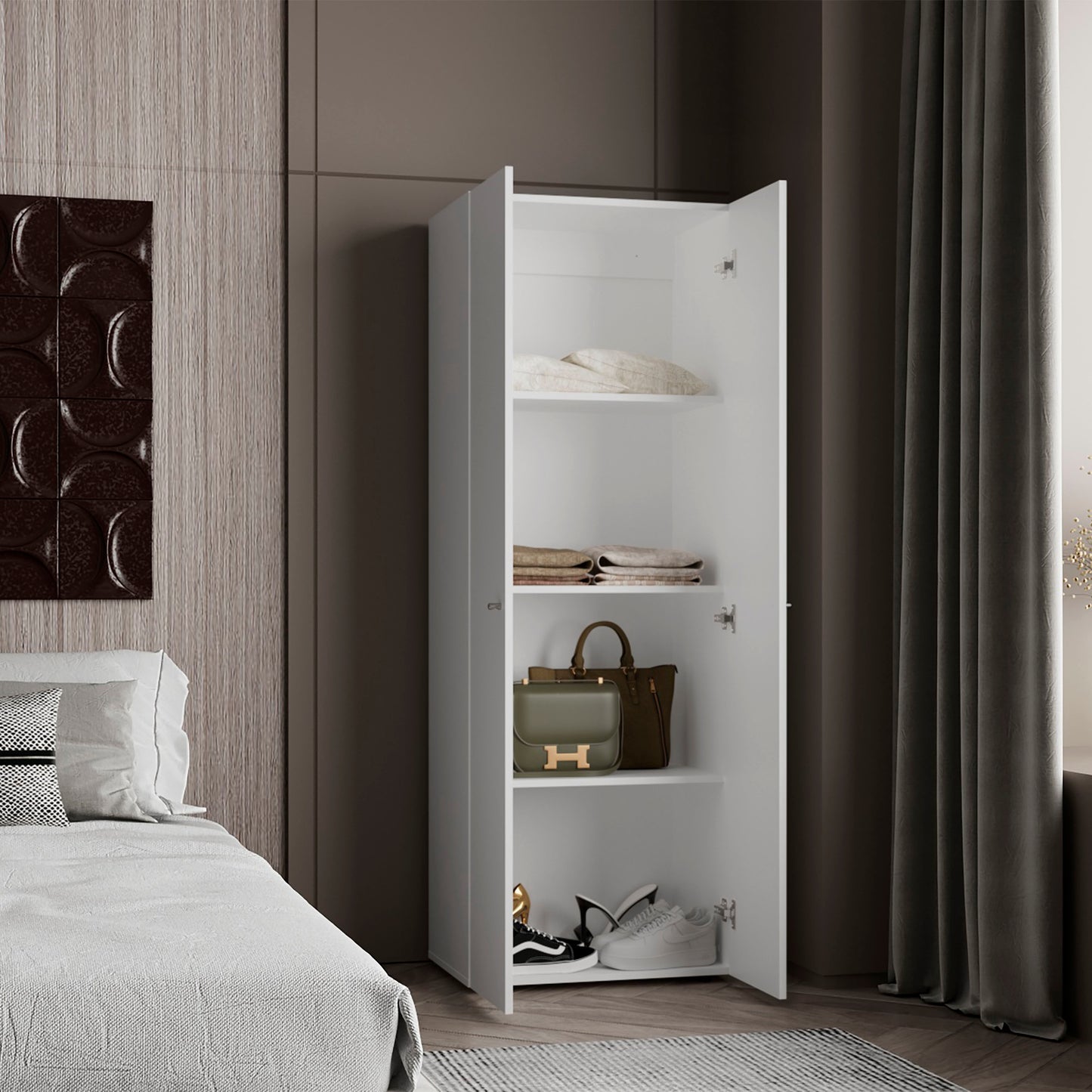 Home 2 Door Closet System, Four Fixed Shelves, Compact Wardrobe for Bedroom Organization, Laundry Room Organization, Utility Room Organization, Freestanding Storage Furniture