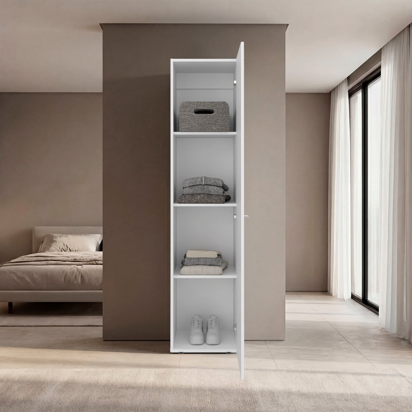 Home Linen Freestanding Tall Cabinet with Single Door and 4 Horizontal Storage Shelves, Cabinet for Bathroom, Bedroom or Laundry Room