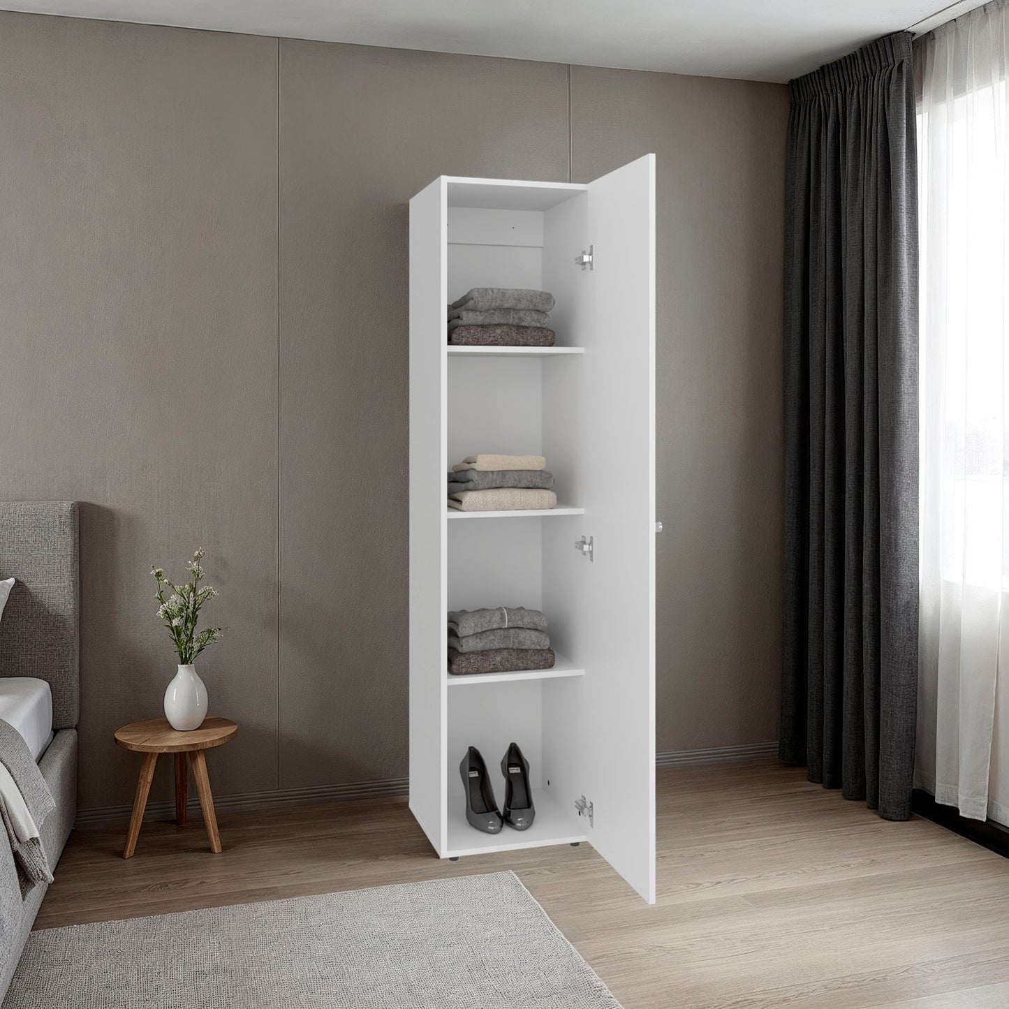 Home Linen Freestanding Tall Cabinet with Single Door with One Mirror and 4 Horizontal Storage Shelves, Cabinet for Bathroom, Bedroom or Laundry Room