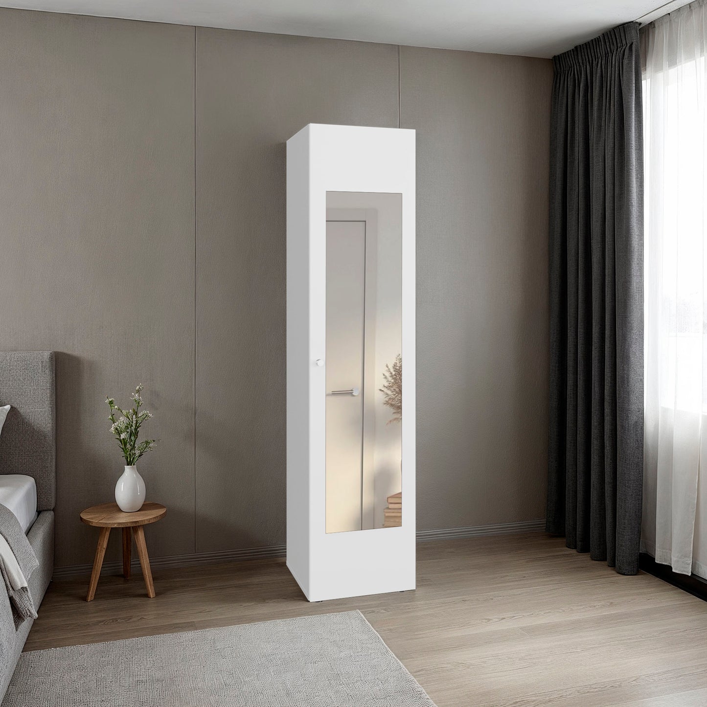 Home Linen Freestanding Tall Cabinet with Single Door with One Mirror and 4 Horizontal Storage Shelves, Cabinet for Bathroom, Bedroom or Laundry Room