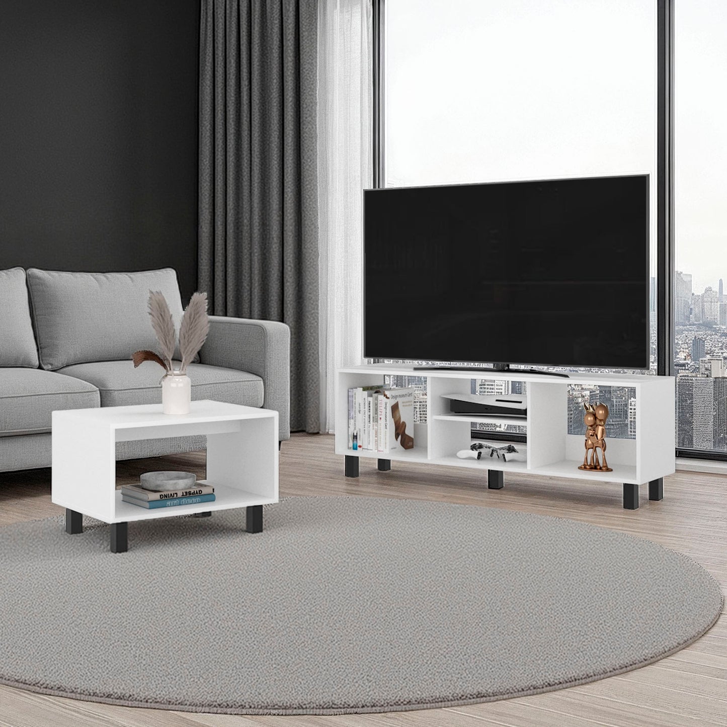 Eclipse Coffee Table and TV Stand Duo Set for Living Room and Entertainment Room Center with Open Display Shelves