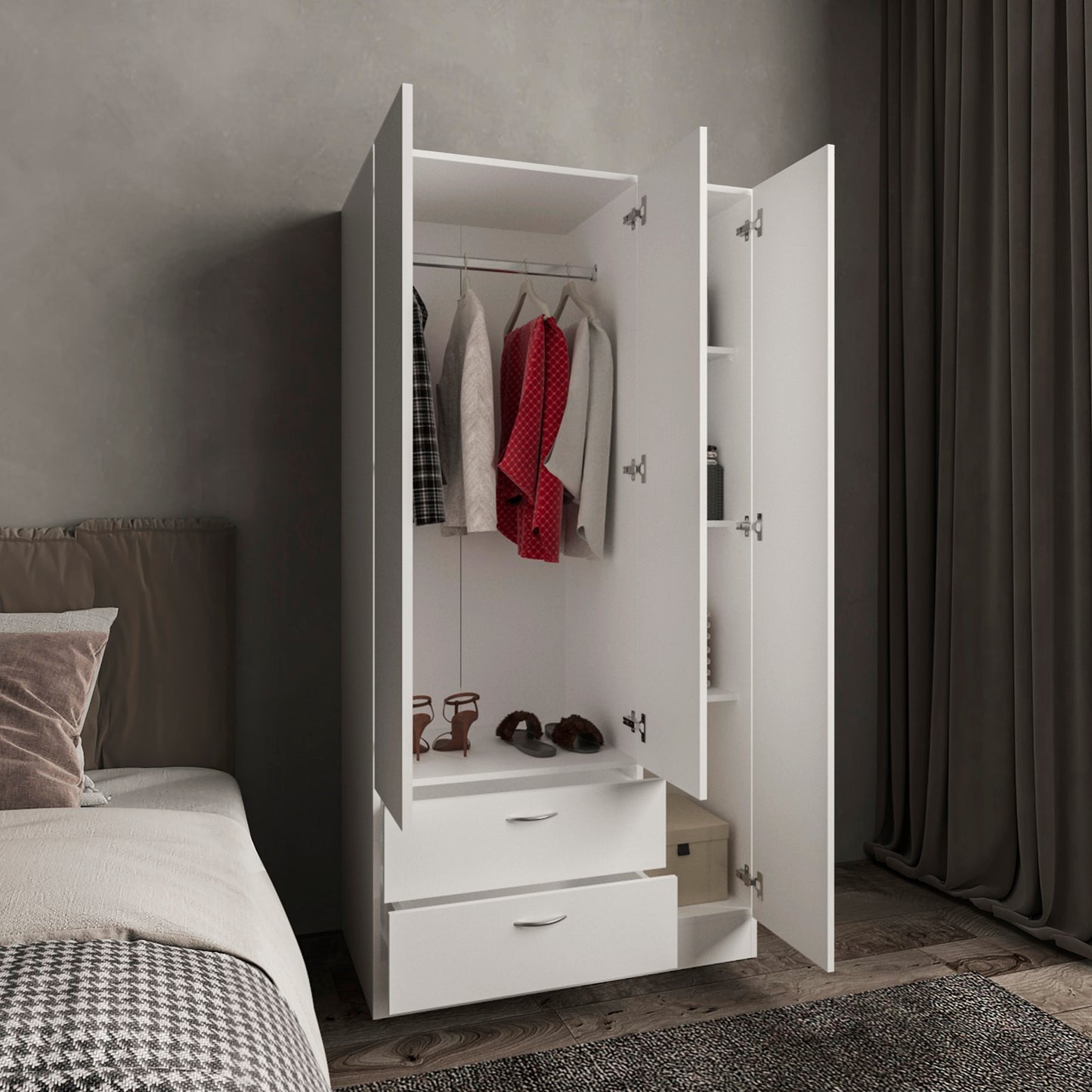 Riverside 3 Door Mirrored Armoire with Two Drawers, Four Shelves, and Hanging Rod