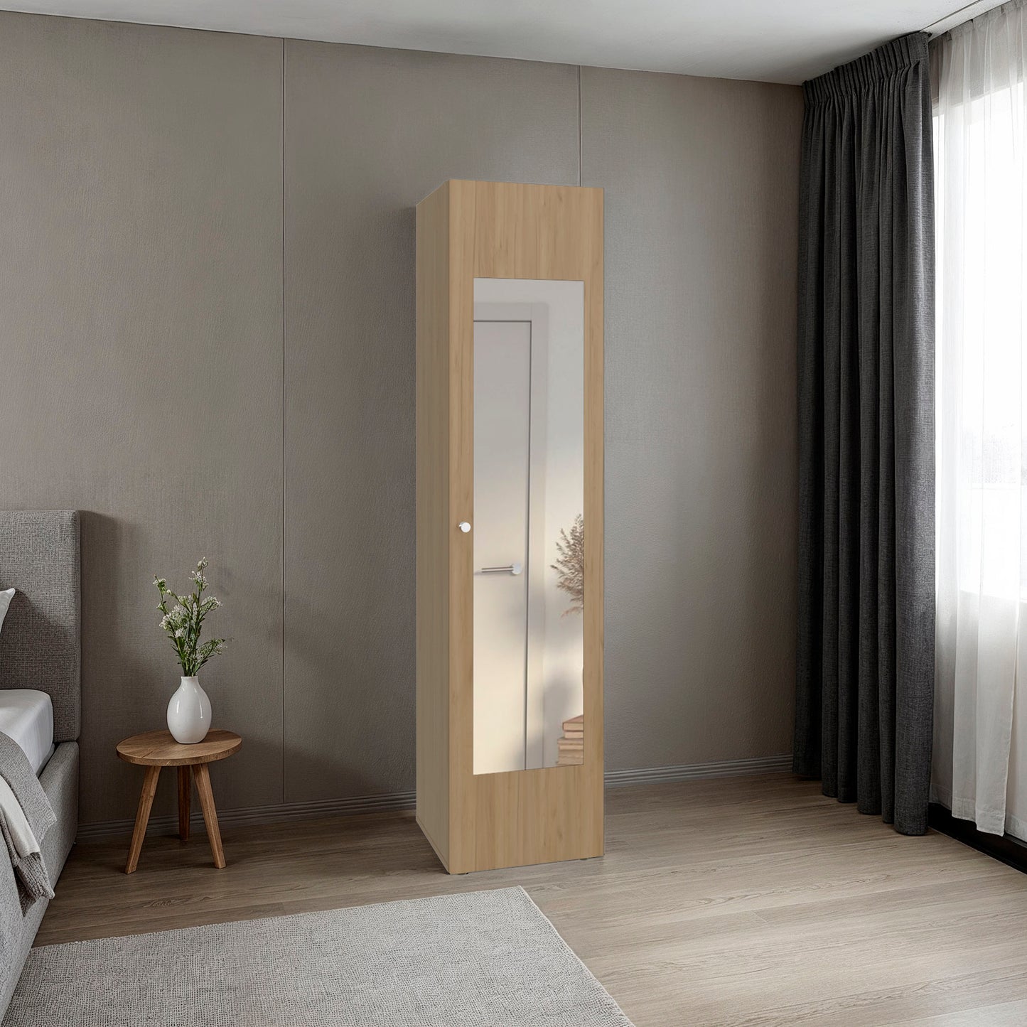 Home Linen Freestanding Tall Cabinet with Single Door with One Mirror and 4 Horizontal Storage Shelves, Cabinet for Bathroom, Bedroom or Laundry Room