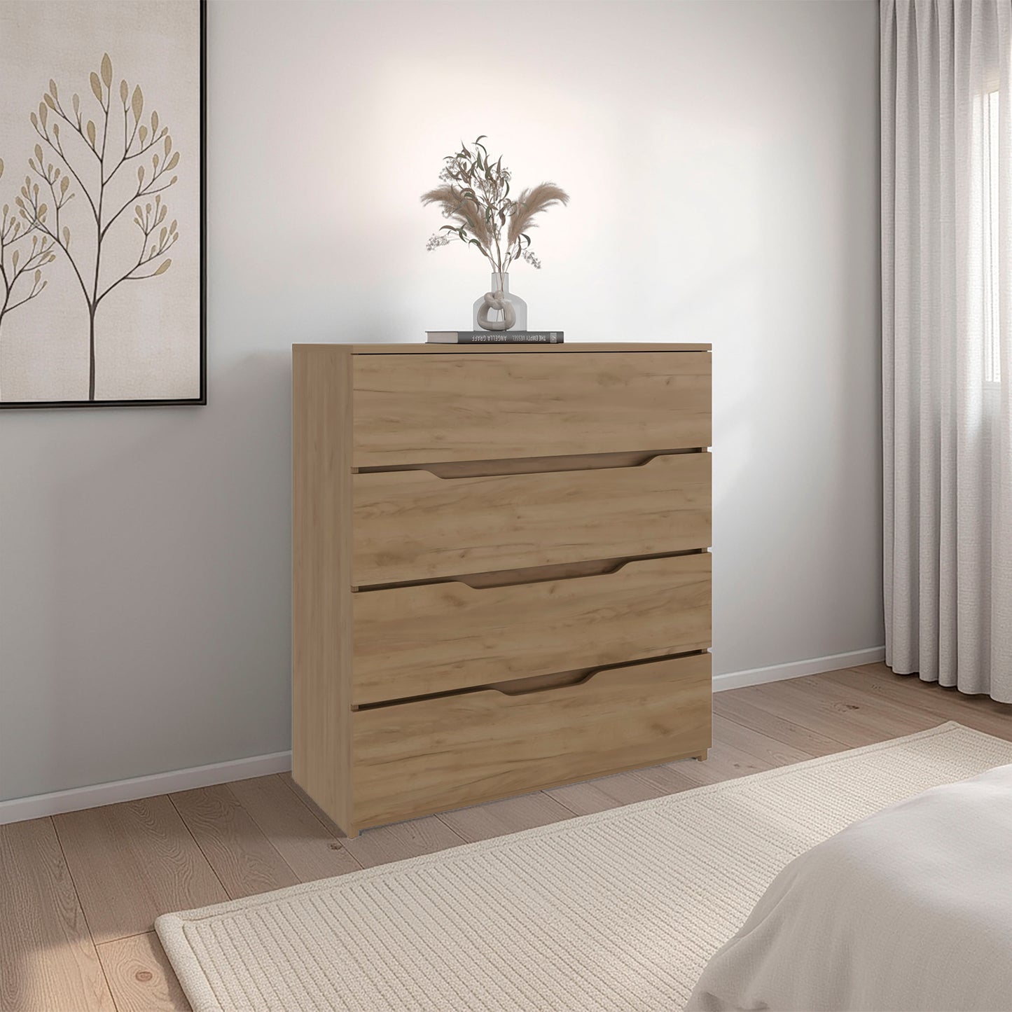 Zoe Freestanding Compact Dresser with Four Storage Drawers and Superior Top, Bedroom Storage Option