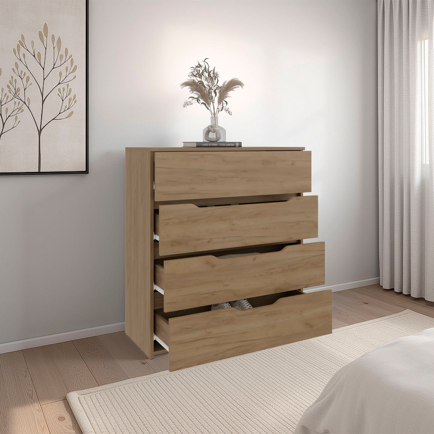 Zoe Freestanding Compact Dresser with Four Storage Drawers and Superior Top, Bedroom Storage Option