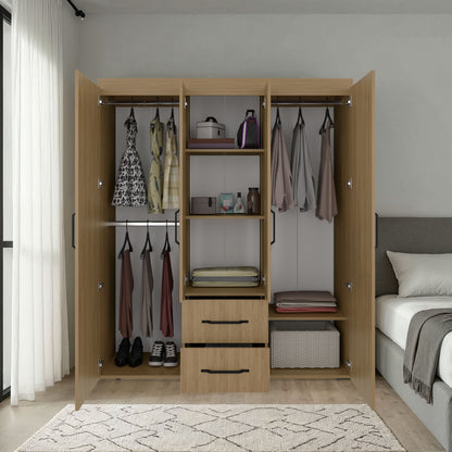 Bariloche Wardrobe with Multi-Section Storage, Three Hanging Rods, Central Open Shelving Area, Two Smooth-Glide Drawers, Metal Handles and Spacious Organization