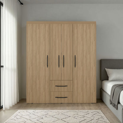 Bariloche Wardrobe with Multi-Section Storage, Three Hanging Rods, Central Open Shelving Area, Two Smooth-Glide Drawers, Metal Handles and Spacious Organization