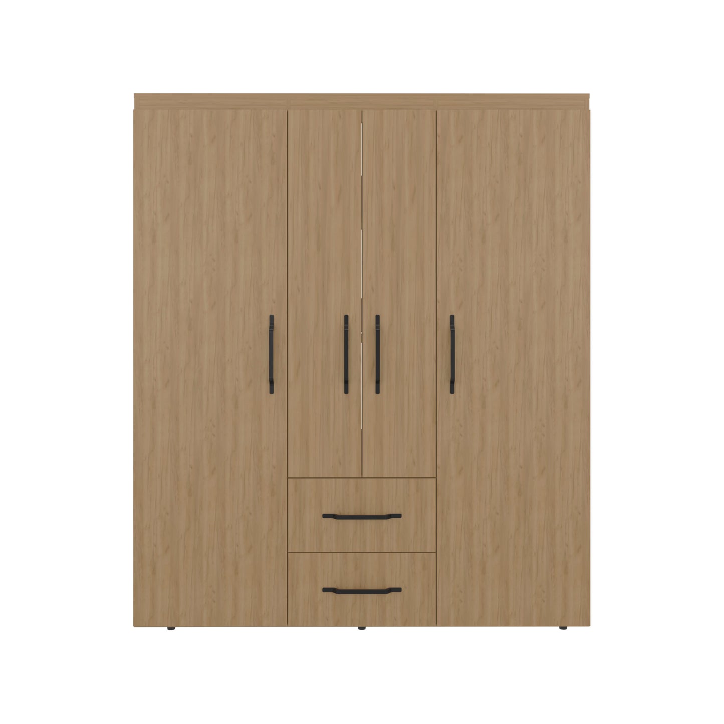 Bariloche Wardrobe with Multi-Section Storage, Three Hanging Rods, Central Open Shelving Area, Two Smooth-Glide Drawers, Metal Handles and Spacious Organization