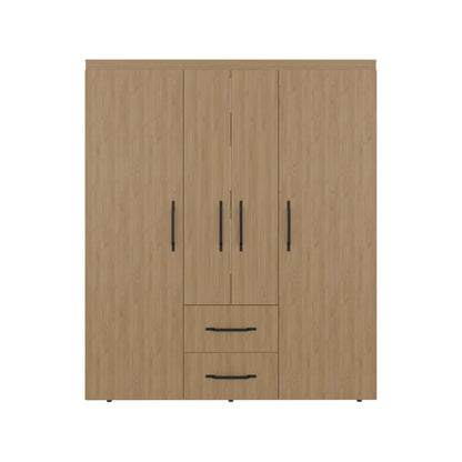 Bariloche Wardrobe with Multi-Section Storage, Three Hanging Rods, Central Open Shelving Area, Two Smooth-Glide Drawers, Metal Handles and Spacious Organization