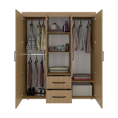 Bariloche Wardrobe with Multi-Section Storage, Three Hanging Rods, Central Open Shelving Area, Two Smooth-Glide Drawers, Metal Handles and Spacious Organization