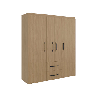 Bariloche Wardrobe with Multi-Section Storage, Three Hanging Rods, Central Open Shelving Area, Two Smooth-Glide Drawers, Metal Handles and Spacious Organization