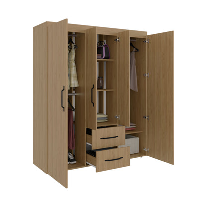 Bariloche Wardrobe with Multi-Section Storage, Three Hanging Rods, Central Open Shelving Area, Two Smooth-Glide Drawers, Metal Handles and Spacious Organization