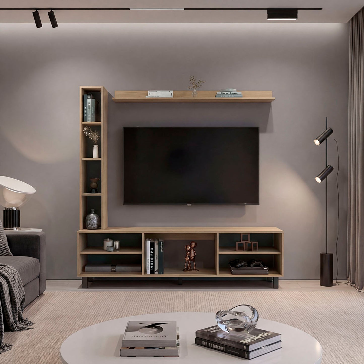 Scio Entertainment Center with 11 Open Shelves, Modern Wall Media Unit for Living Room TV and Storage