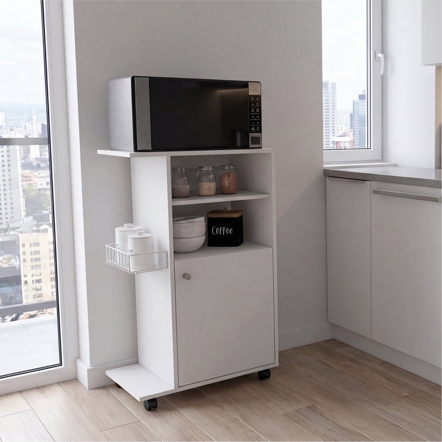 Clip Kitchen Cart with Spacious Countertop, Single-Door Storage Cabinet, Additional Rack Shelf and Smooth-Rolling Four Casters for Mobile Organization, Microwave Support