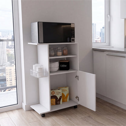 Clip Kitchen Cart with Spacious Countertop, Single-Door Storage Cabinet, Additional Rack Shelf and Smooth-Rolling Four Casters for Mobile Organization, Microwave Support