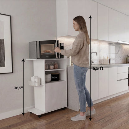 Clip Kitchen Cart with Spacious Countertop, Single-Door Storage Cabinet, Additional Rack Shelf and Smooth-Rolling Four Casters for Mobile Organization, Microwave Support