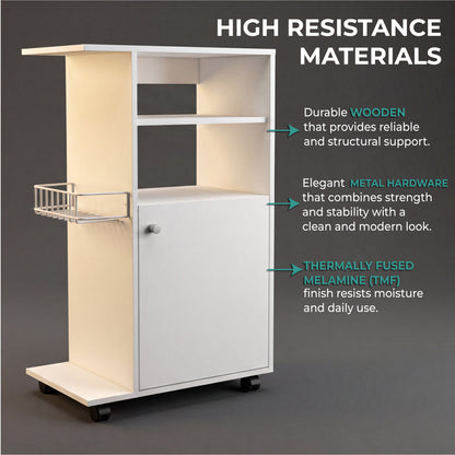 Clip Kitchen Cart with Spacious Countertop, Single-Door Storage Cabinet, Additional Rack Shelf and Smooth-Rolling Four Casters for Mobile Organization, Microwave Support