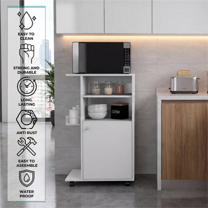 Clip Kitchen Cart with Spacious Countertop, Single-Door Storage Cabinet, Additional Rack Shelf and Smooth-Rolling Four Casters for Mobile Organization, Microwave Support