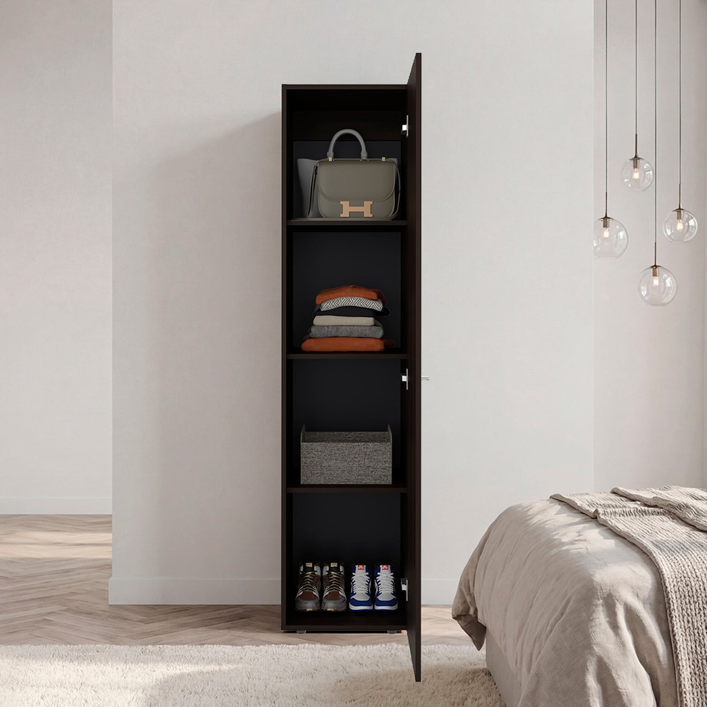 Home Linen Freestanding Tall Cabinet with Single Door and 4 Horizontal Storage Shelves, Cabinet for Bathroom, Bedroom or Laundry Room