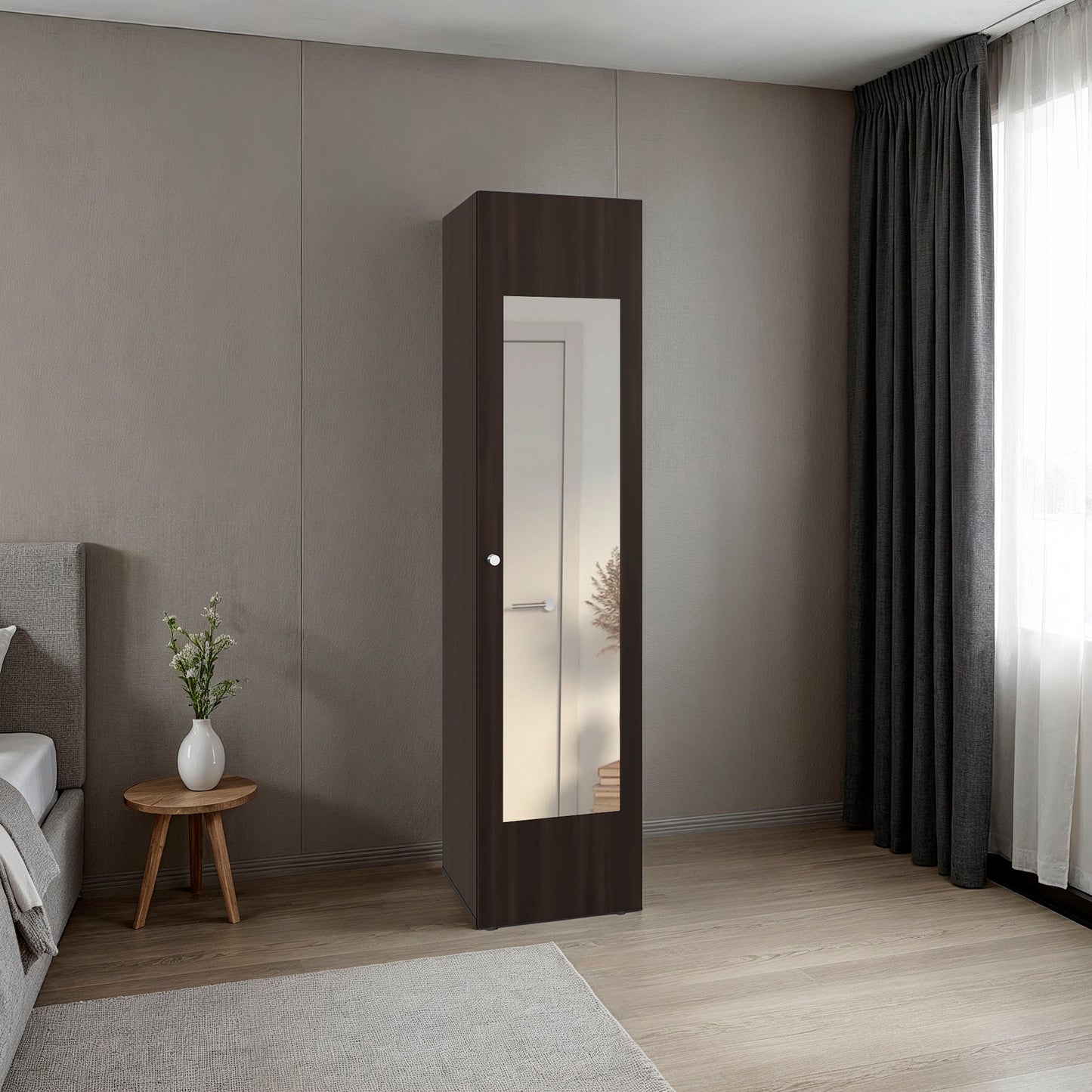 Home Linen Freestanding Tall Cabinet with Single Door with One Mirror and 4 Horizontal Storage Shelves, Cabinet for Bathroom, Bedroom or Laundry Room