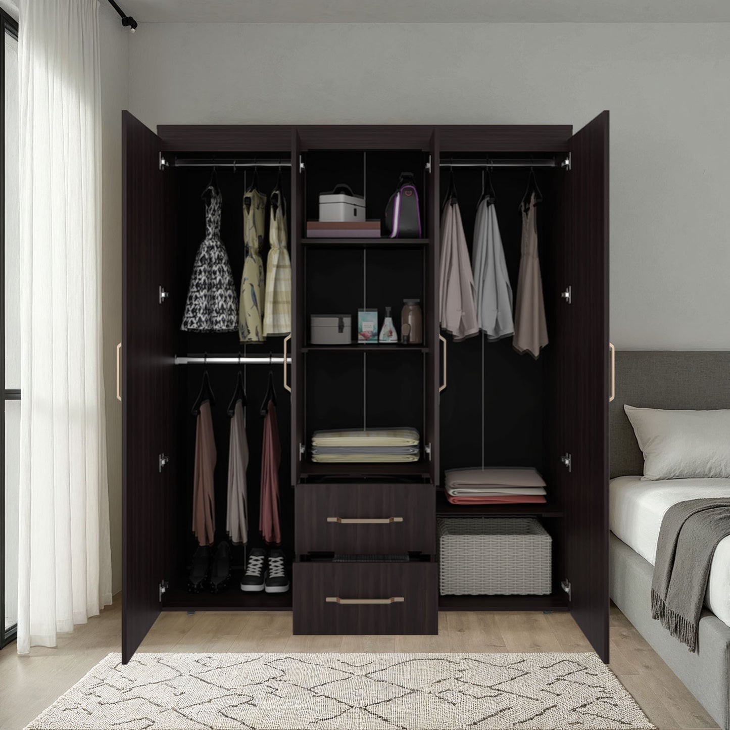 Bariloche Wardrobe with Multi-Section Storage, Three Hanging Rods, Central Open Shelving Area, Two Smooth-Glide Drawers, Metal Handles and Spacious Organization