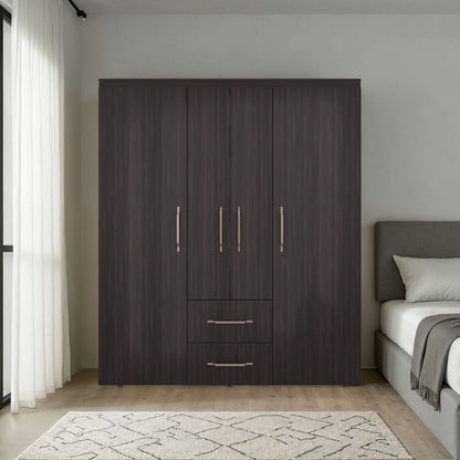 Bariloche Wardrobe with Multi-Section Storage, Three Hanging Rods, Central Open Shelving Area, Two Smooth-Glide Drawers, Metal Handles and Spacious Organization