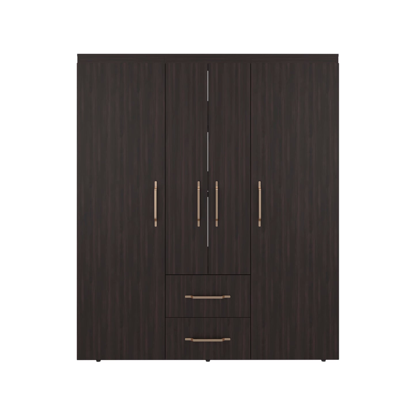Bariloche Wardrobe with Multi-Section Storage, Three Hanging Rods, Central Open Shelving Area, Two Smooth-Glide Drawers, Metal Handles and Spacious Organization