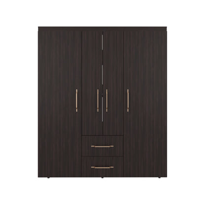 Bariloche Wardrobe with Multi-Section Storage, Three Hanging Rods, Central Open Shelving Area, Two Smooth-Glide Drawers, Metal Handles and Spacious Organization