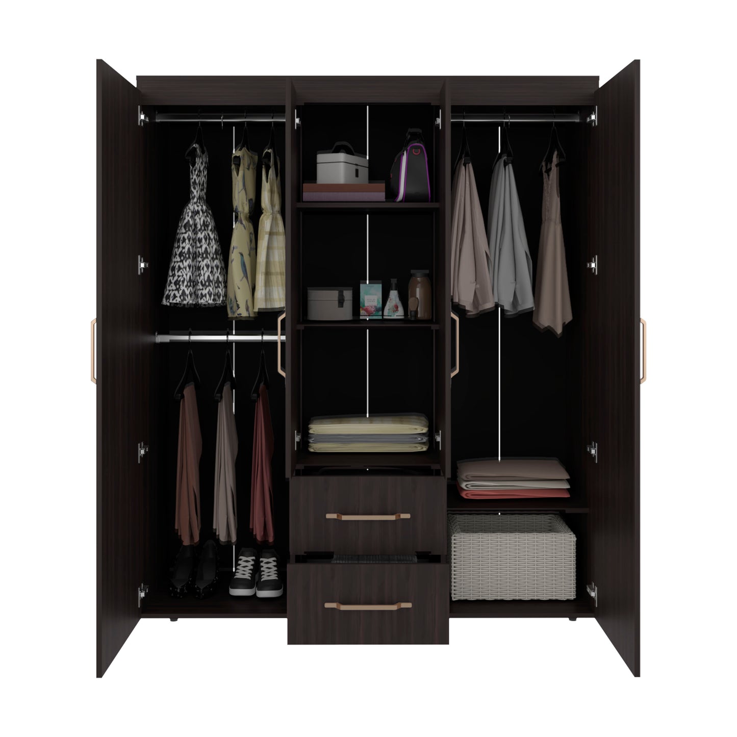 Bariloche Wardrobe with Multi-Section Storage, Three Hanging Rods, Central Open Shelving Area, Two Smooth-Glide Drawers, Metal Handles and Spacious Organization