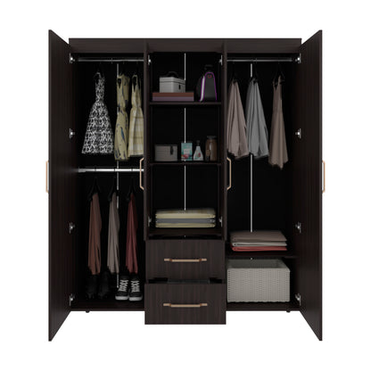 Bariloche Wardrobe with Multi-Section Storage, Three Hanging Rods, Central Open Shelving Area, Two Smooth-Glide Drawers, Metal Handles and Spacious Organization