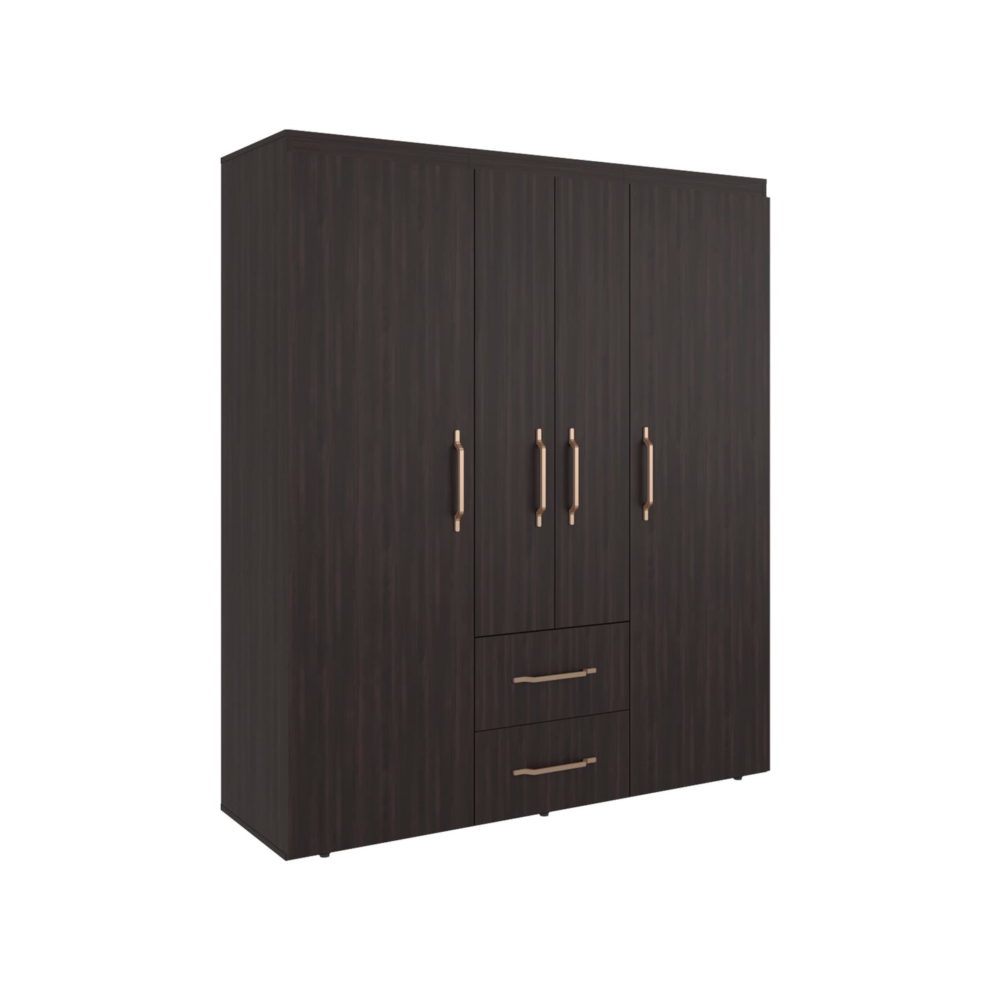 Bariloche Wardrobe with Multi-Section Storage, Three Hanging Rods, Central Open Shelving Area, Two Smooth-Glide Drawers, Metal Handles and Spacious Organization