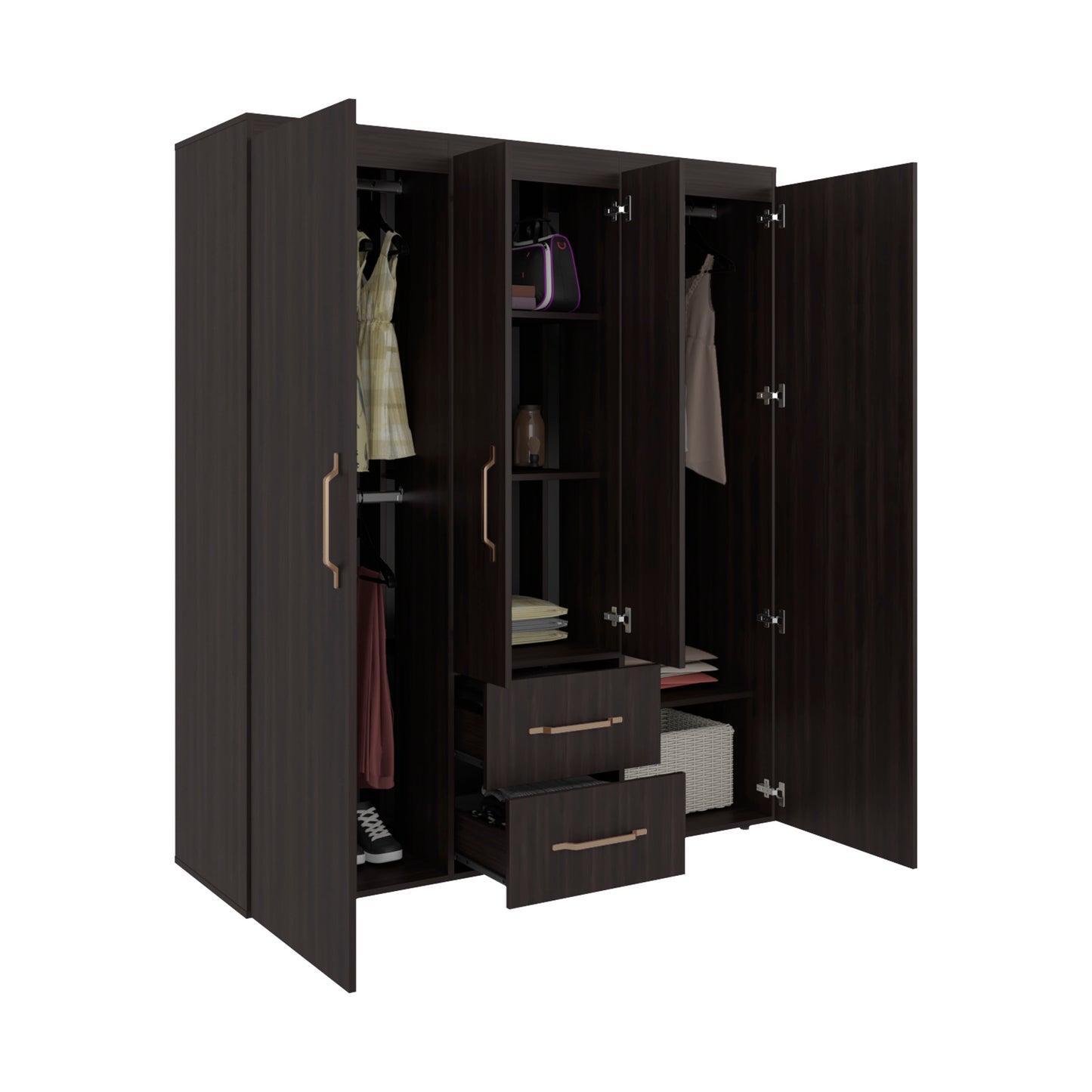 Bariloche Wardrobe with Multi-Section Storage, Three Hanging Rods, Central Open Shelving Area, Two Smooth-Glide Drawers, Metal Handles and Spacious Organization