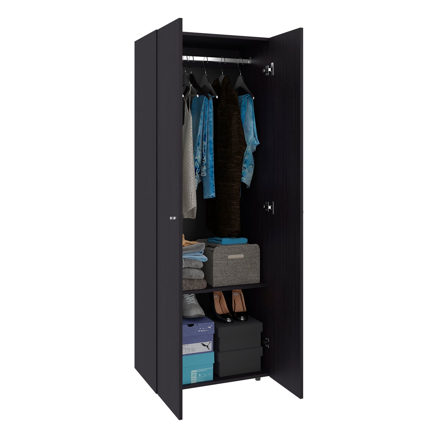 Home 2-Door Closet System Armoire with Hanging Rod and Storage Shelf, Modern Bedroom Organization Storage, Space-Saving Wardrobe for Jackets, Dresses, and Folded Garments in Contemporary Bedrooms