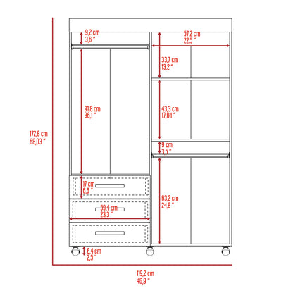 Denver Mobile Armoire, Rods, Double Door Cabinet, Three Drawers, Two Shelves