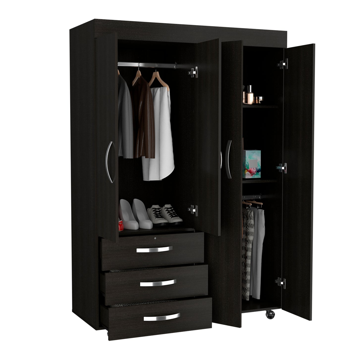 Denver Mobile Armoire, Rods, Double Door Cabinet, Three Drawers, Two Shelves