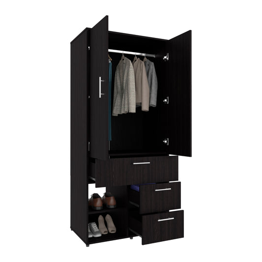 Alpine Modern Freestanding Armoire Wardrobe Console Double Door Design with Integrated Interior Shelves and Hanging Rod Providing Comprehensive Storage Solutions for Optimal Bedroom Organization