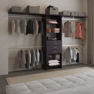 Plego Modular Closet System with Three Drawers, Five Shelves and Four Hanging Rods, Adjustable Wardrobe Organizer for 69" to 118" Spaces, Configurable Closet Storage System for Bedroom