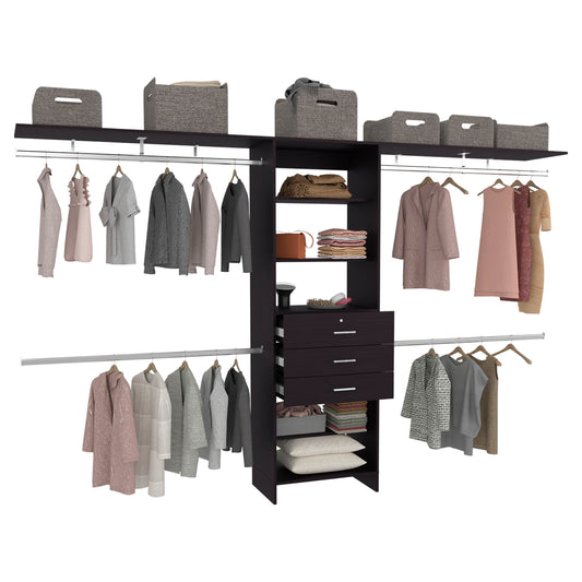 Plego Modular Closet System with Three Drawers, Five Shelves and Four Hanging Rods, Adjustable Wardrobe Organizer for 69" to 118" Spaces, Configurable Closet Storage System for Bedroom