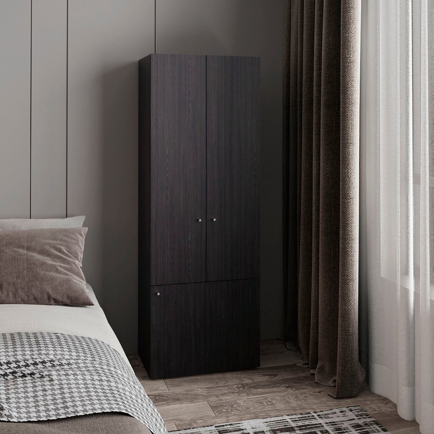 Home 3 Door Closet System with Hanging Rod for clothes and interior Shelves, Manufactured Wood Freestanding Bedroom Storage, Utility Room or Laundry Room Furniture