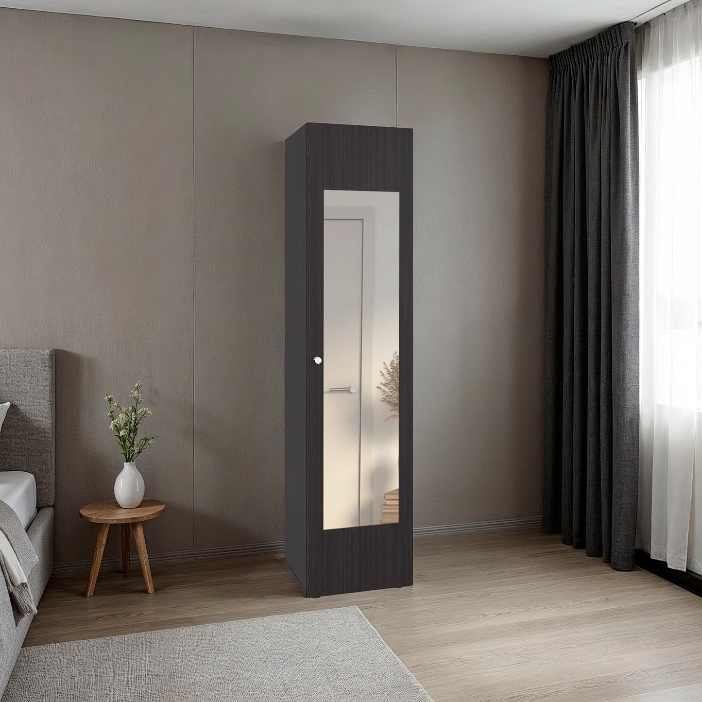 Home Linen Freestanding Tall Cabinet with Single Door with One Mirror and 4 Horizontal Storage Shelves, Cabinet for Bathroom, Bedroom or Laundry Room