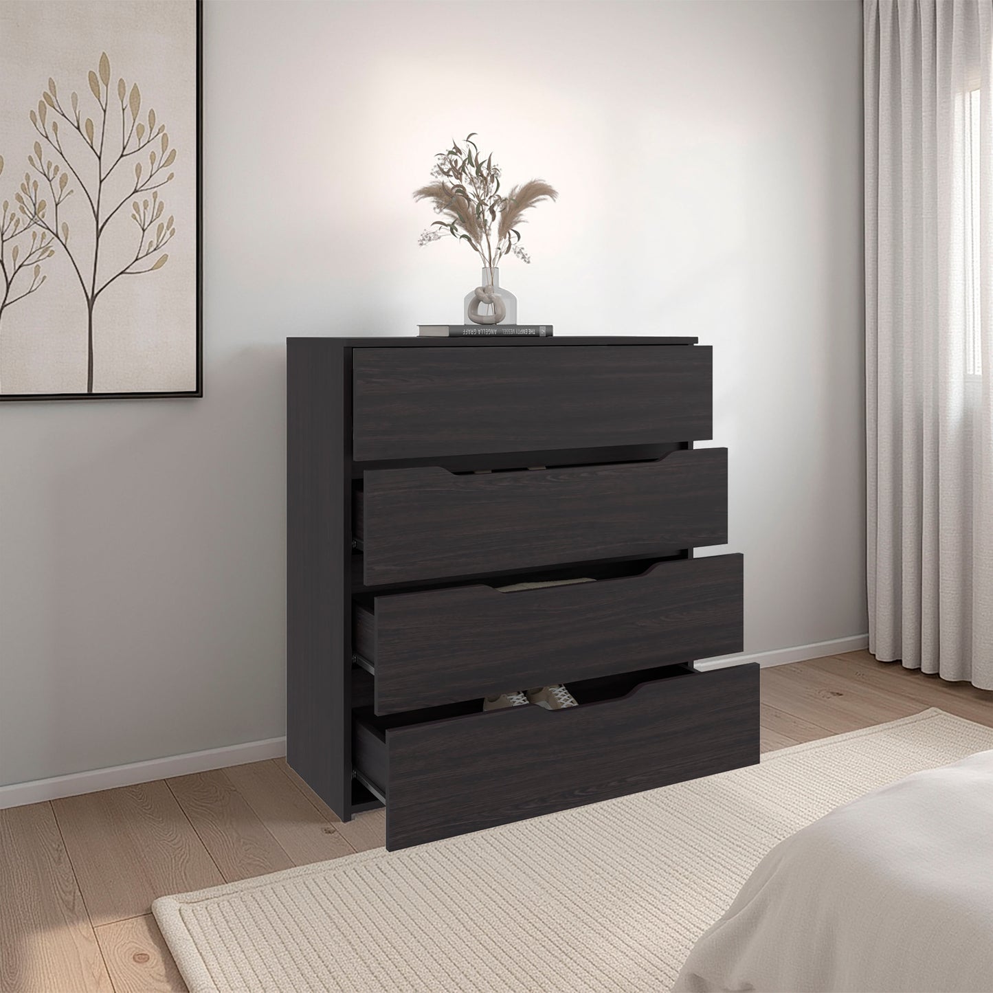 Zoe Freestanding Compact Dresser with Four Storage Drawers and Superior Top, Bedroom Storage Option