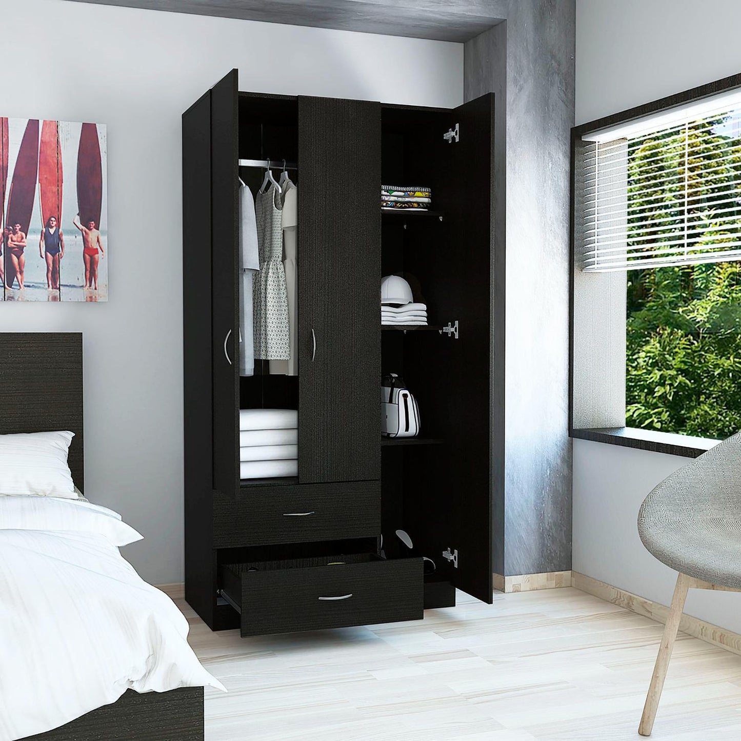 Austral 3 Doors Armoire, Metal Rod, Two Drawers, Single Door, Double Door Cabinets