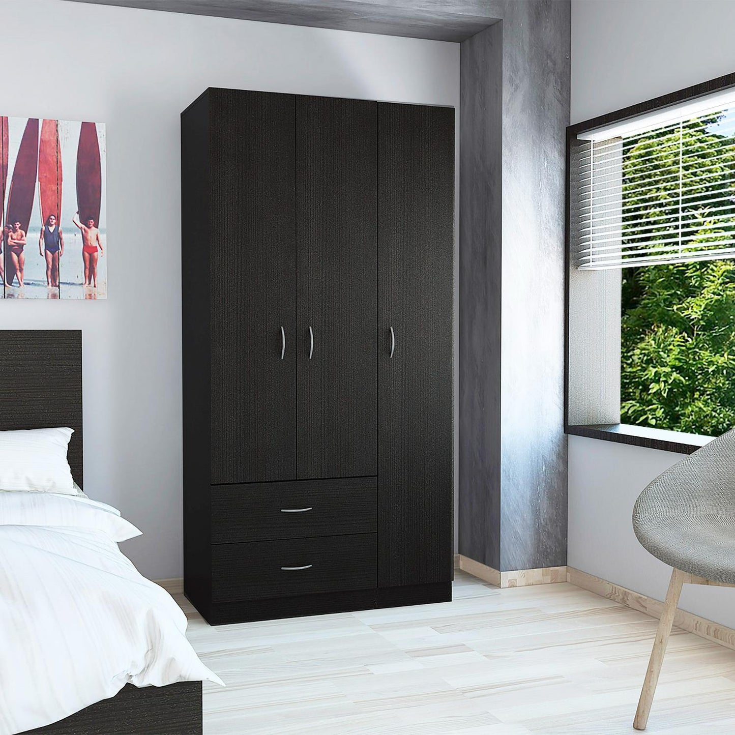 Austral 3 Doors Armoire, Metal Rod, Two Drawers, Single Door, Double Door Cabinets