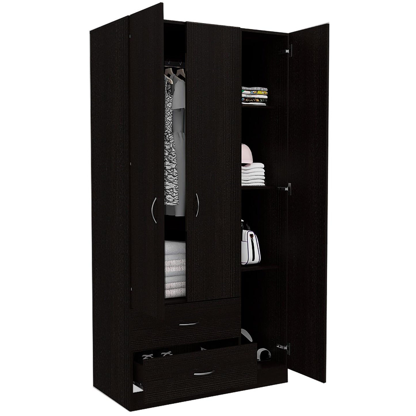 Austral 3 Doors Armoire, Metal Rod, Two Drawers, Single Door, Double Door Cabinets