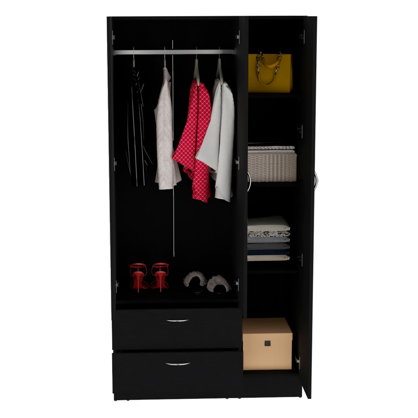 Riverside 3 Door Mirrored Armoire with Two Drawers, Four Shelves, and Hanging Rod