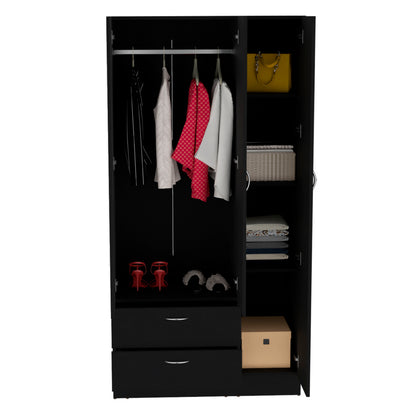 Riverside 3 Door Mirrored Armoire with Two Drawers, Four Shelves, and Hanging Rod