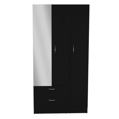 Riverside 3 Door Mirrored Armoire with Two Drawers, Four Shelves, and Hanging Rod