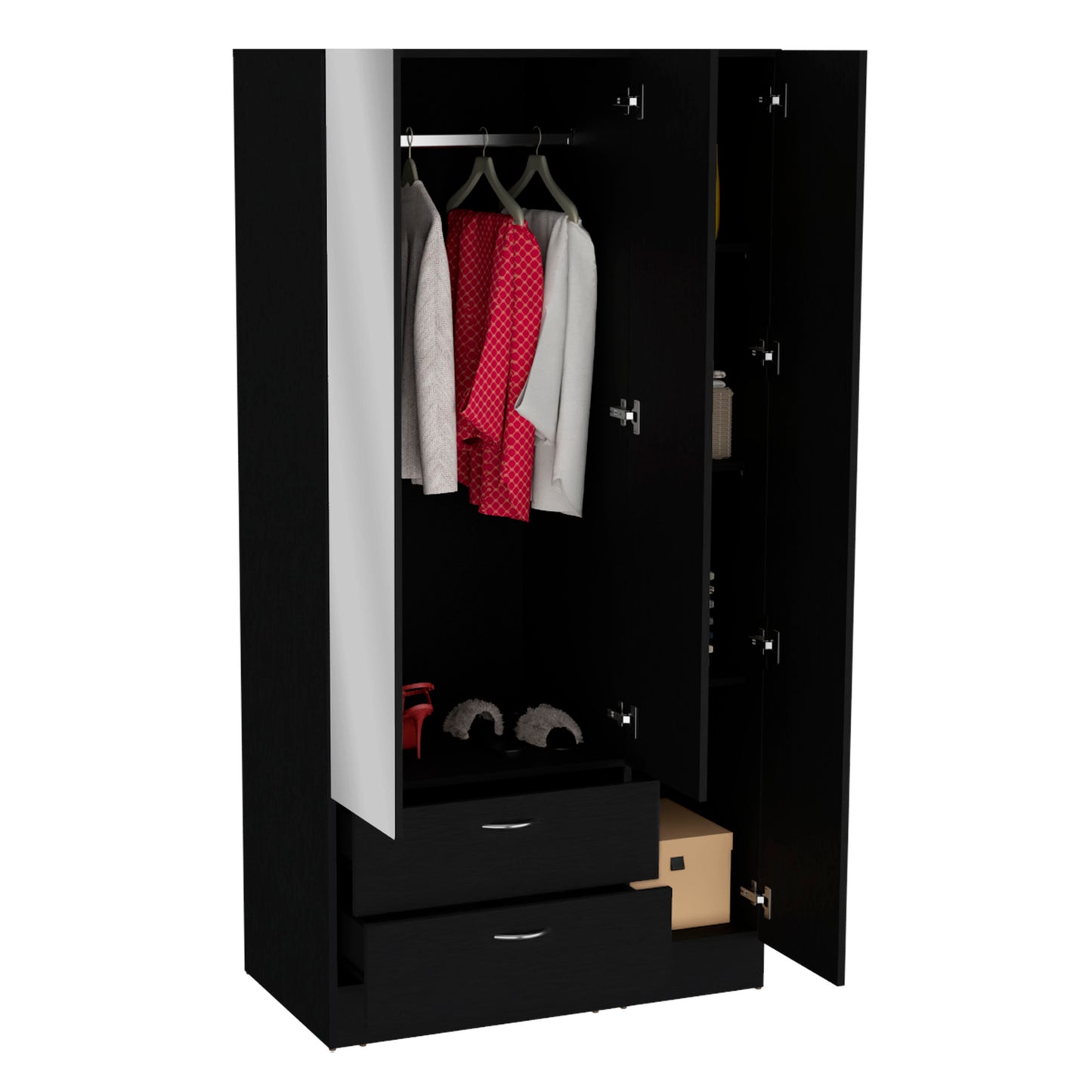 Riverside 3 Door Mirrored Armoire with Two Drawers, Four Shelves, and Hanging Rod