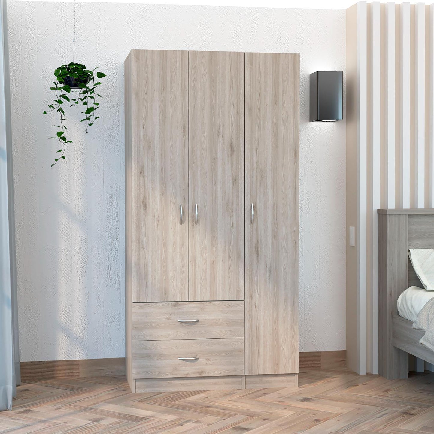 Austral 3 Doors Armoire, Metal Rod, Two Drawers, Single Door, Double Door Cabinets