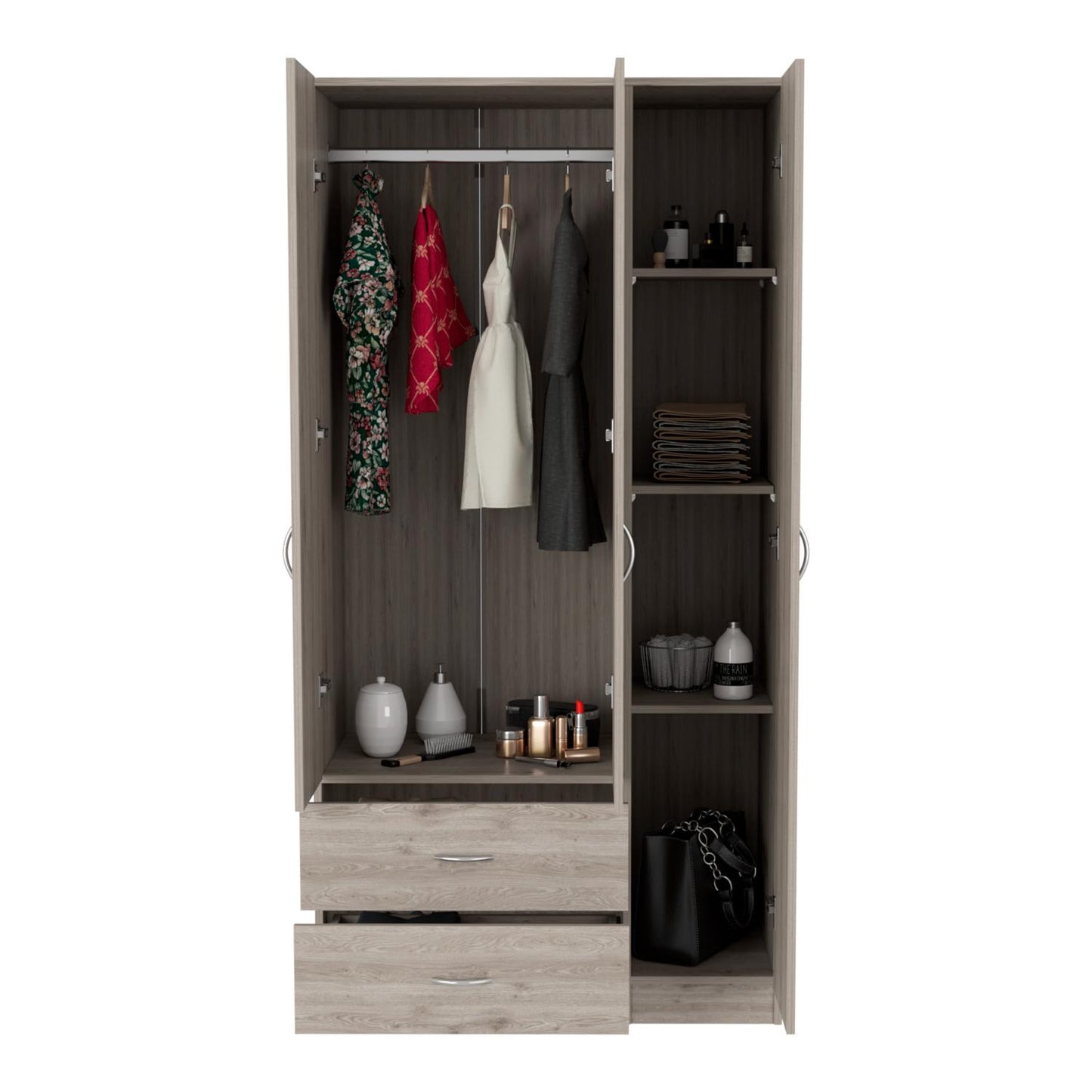 Austral 3 Doors Armoire, Metal Rod, Two Drawers, Single Door, Double Door Cabinets